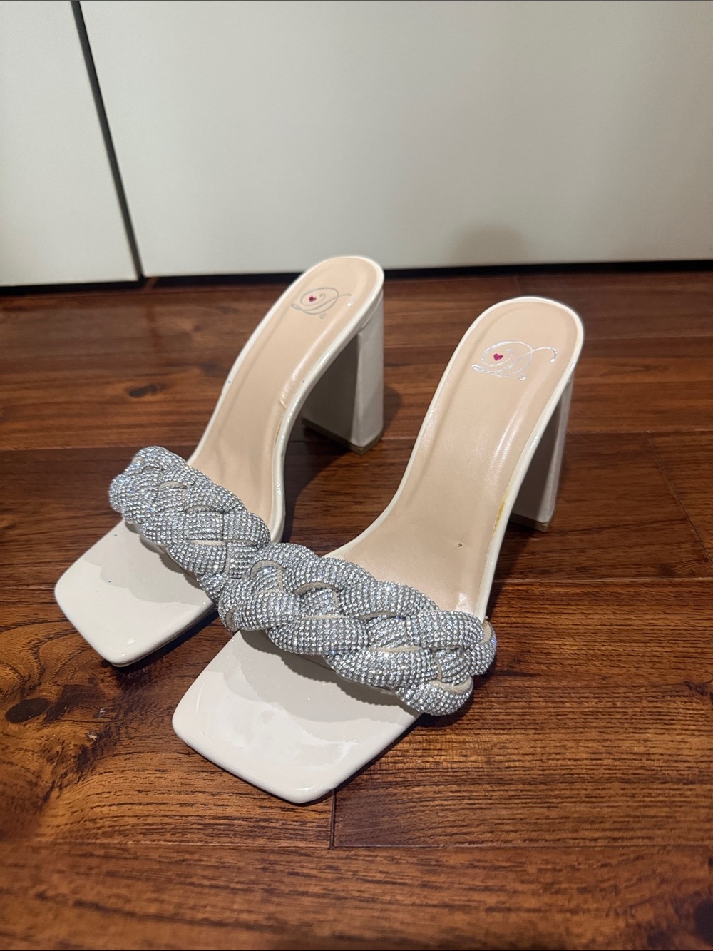Buckle White Block Heel Sandals with Braided Crystal Strap